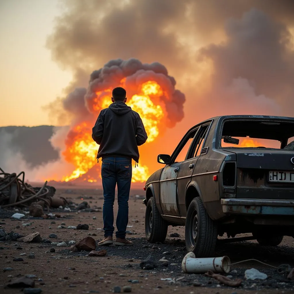 Man standing next to a blown-up car