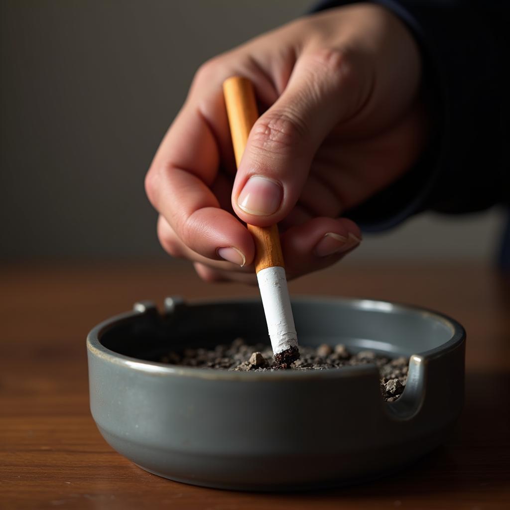  A man putting out a cigarette.