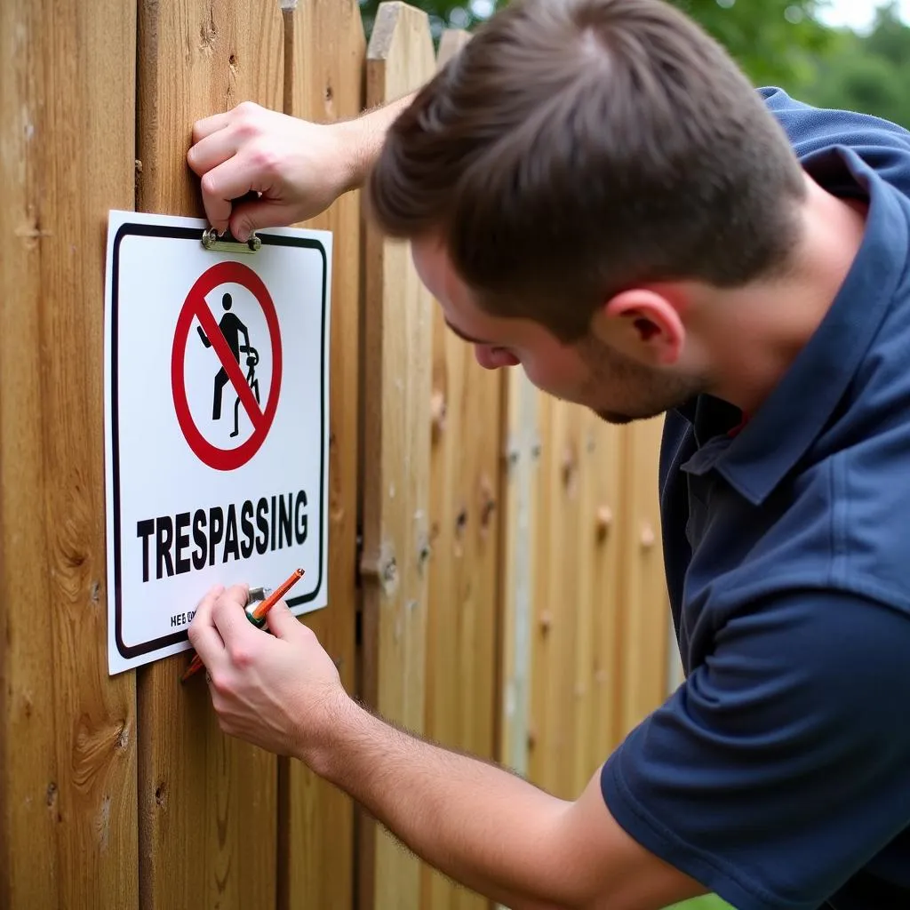 Man Installing a No Trespassing Sign