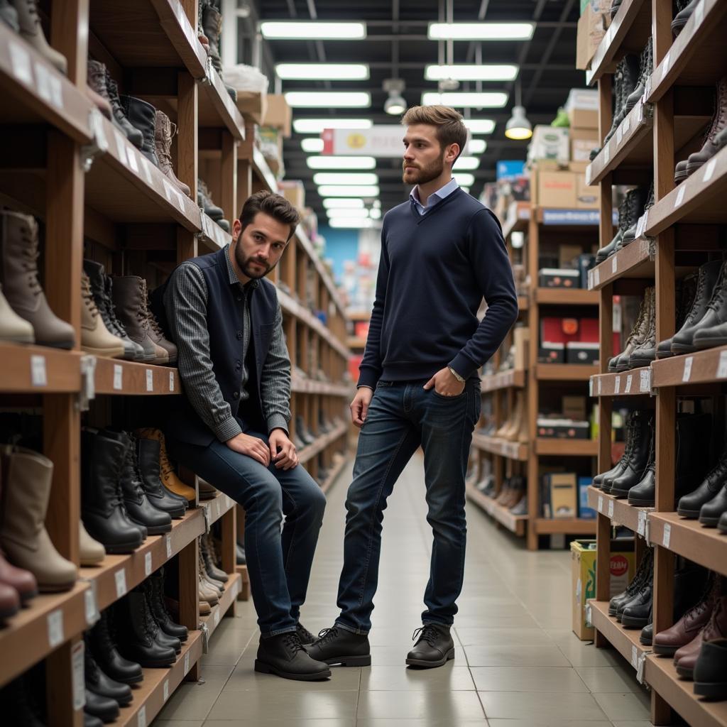 Man trying on safety shoes in a store