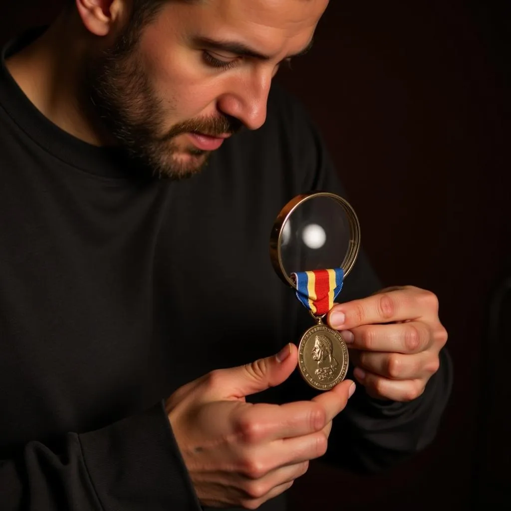 Man examining a medal