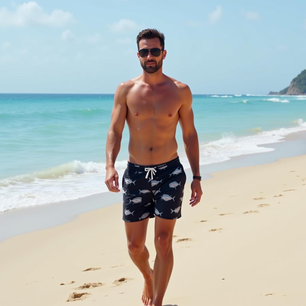 Man walking on the beach in shark print swim trunks