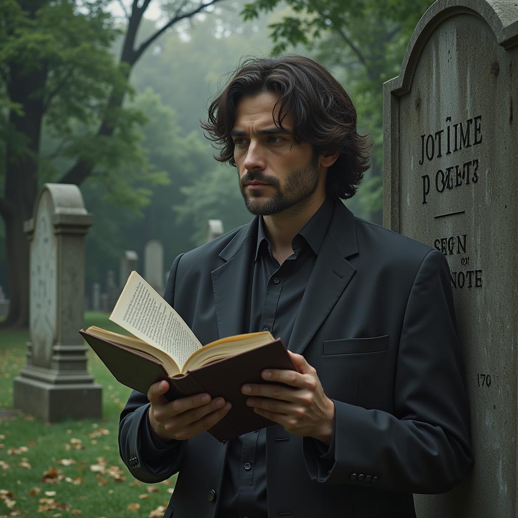 Man reading poems in a cemetery