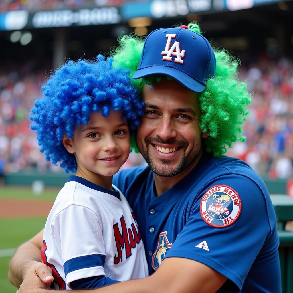 Man with a blue and green wig and a baseball cap hugging his son at the stadium