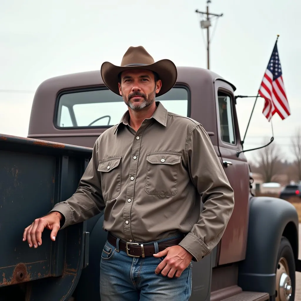 Man standing by his truck with American flag