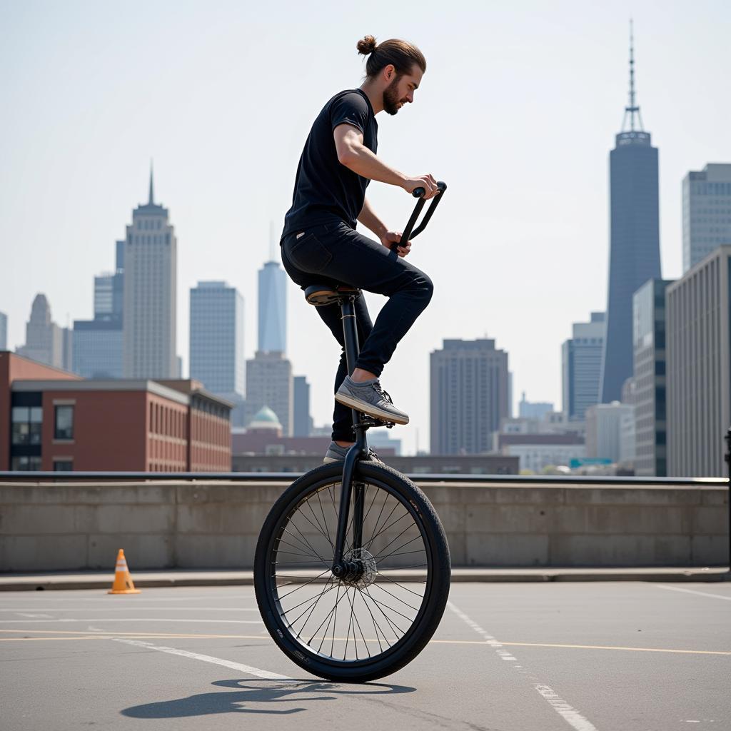 Man riding a 7 ft tall unicycle