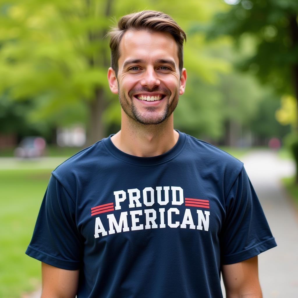 Man proudly wearing a "Proud American" t-shirt