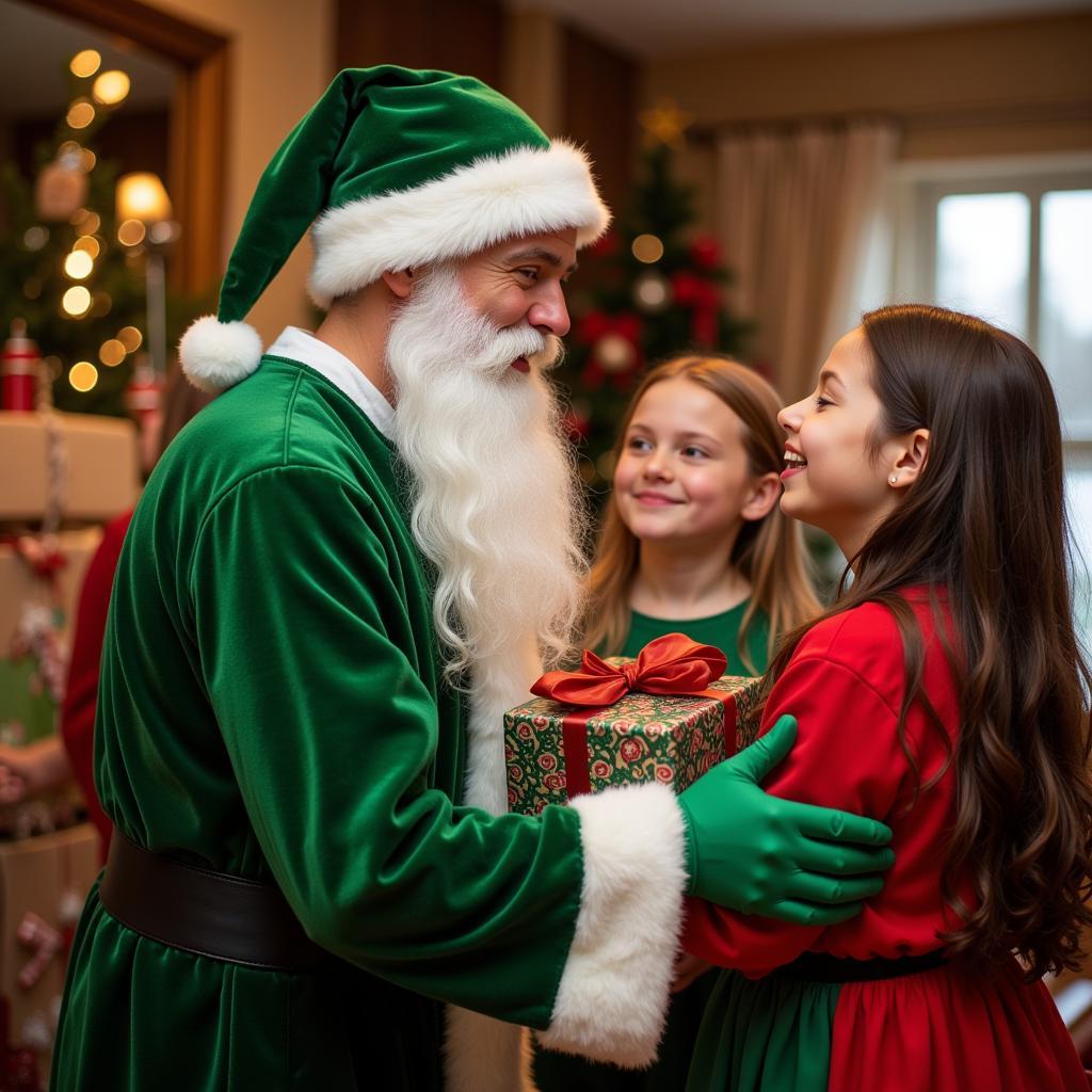 A man wearing a green Father Christmas costume giving out gifts