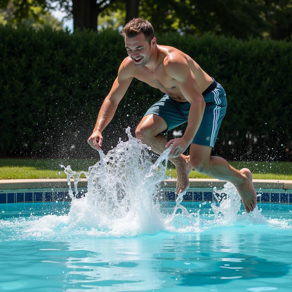 Man performing a cannonball jump into a pool