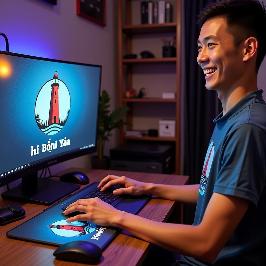 Người hâm mộ sử dụng lighthouse mouse pad với logo Đội Bóng Đá khi làm việc.