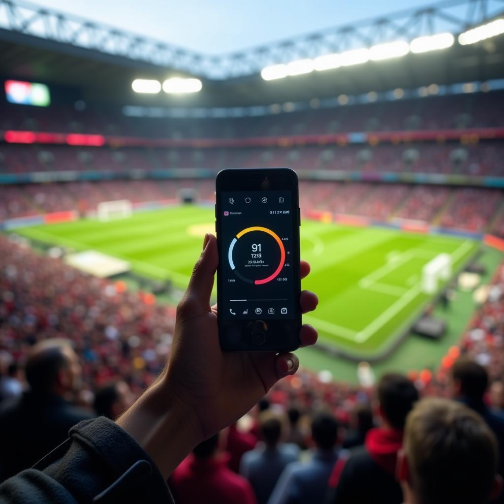 Football fan checking the time on their phone