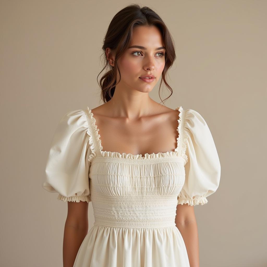 Model wearing a square-neck, puff-sleeved prairie dress