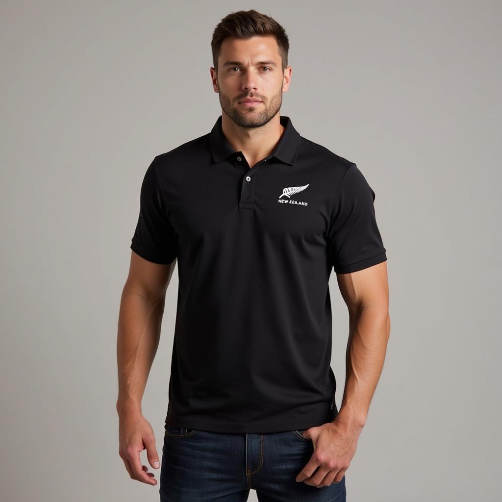 Người mẫu mặc áo polo All Blacks