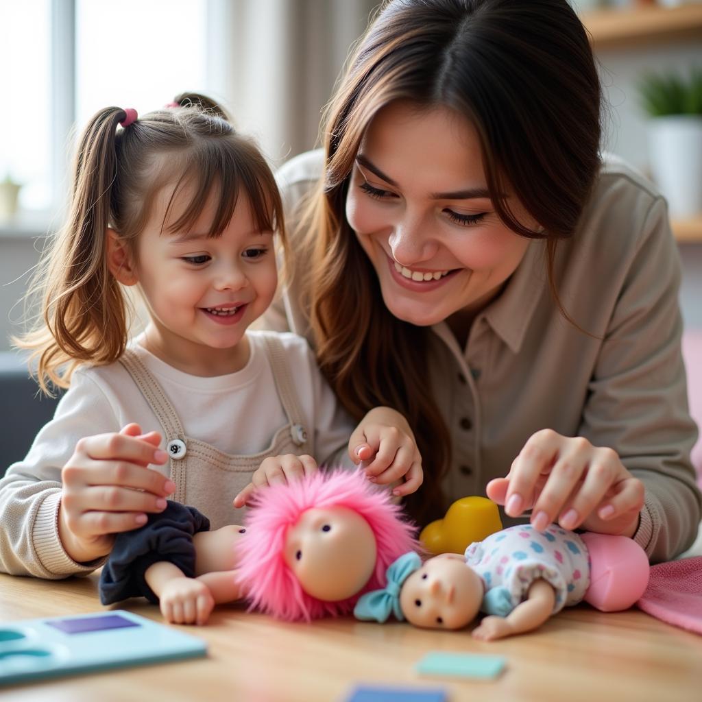 A mother and daughter playing with dolls together