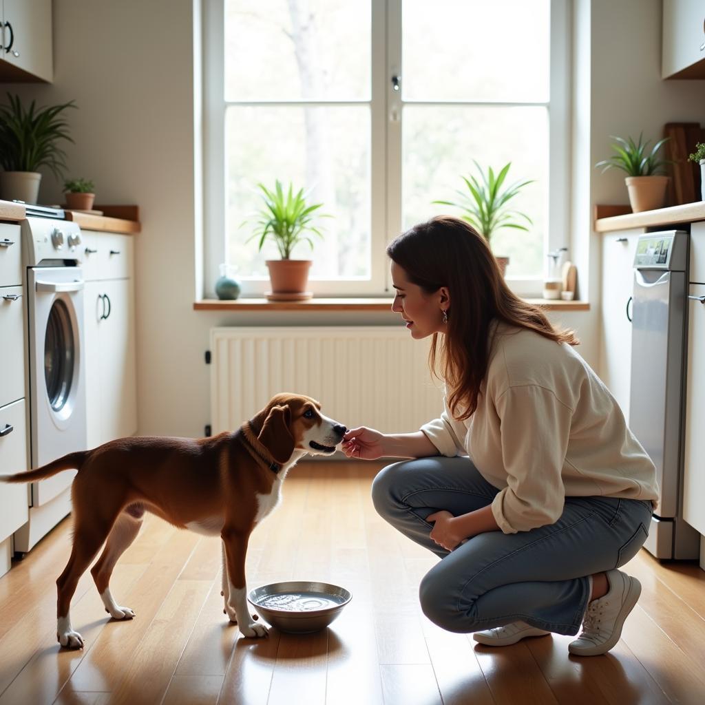 Woman giving dog water in kitchen