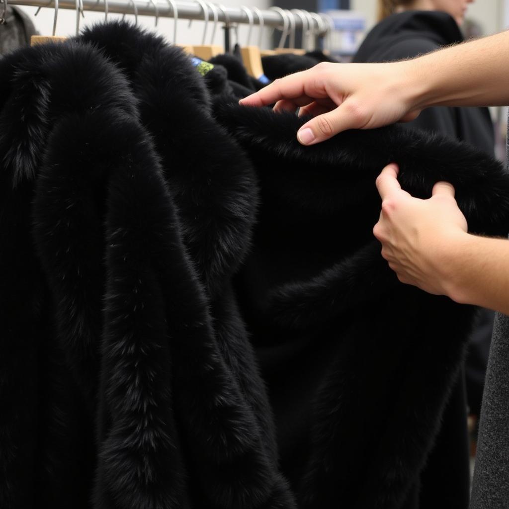 Woman selecting black fun fur fabric in a store