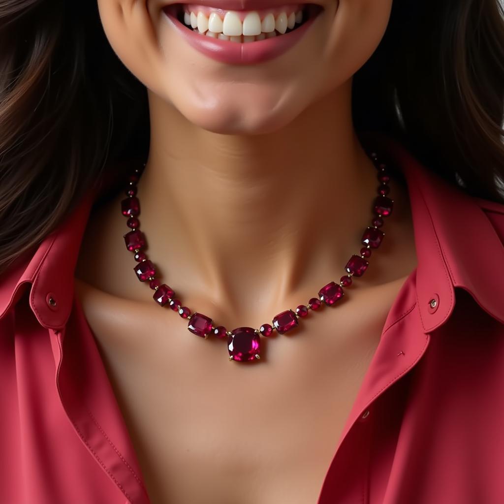 Người phụ nữ đeo vòng cổ ruby