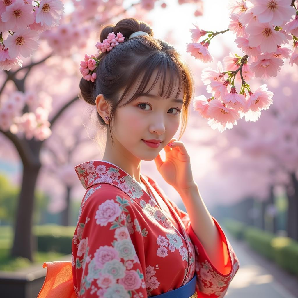 Woman in a kimono posing under a cherry blossom tree