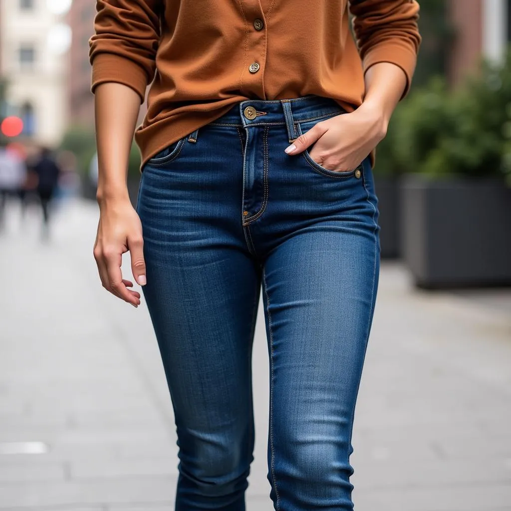 Woman Wearing Dark Blue Raw Denim Jeans Walking Outdoors