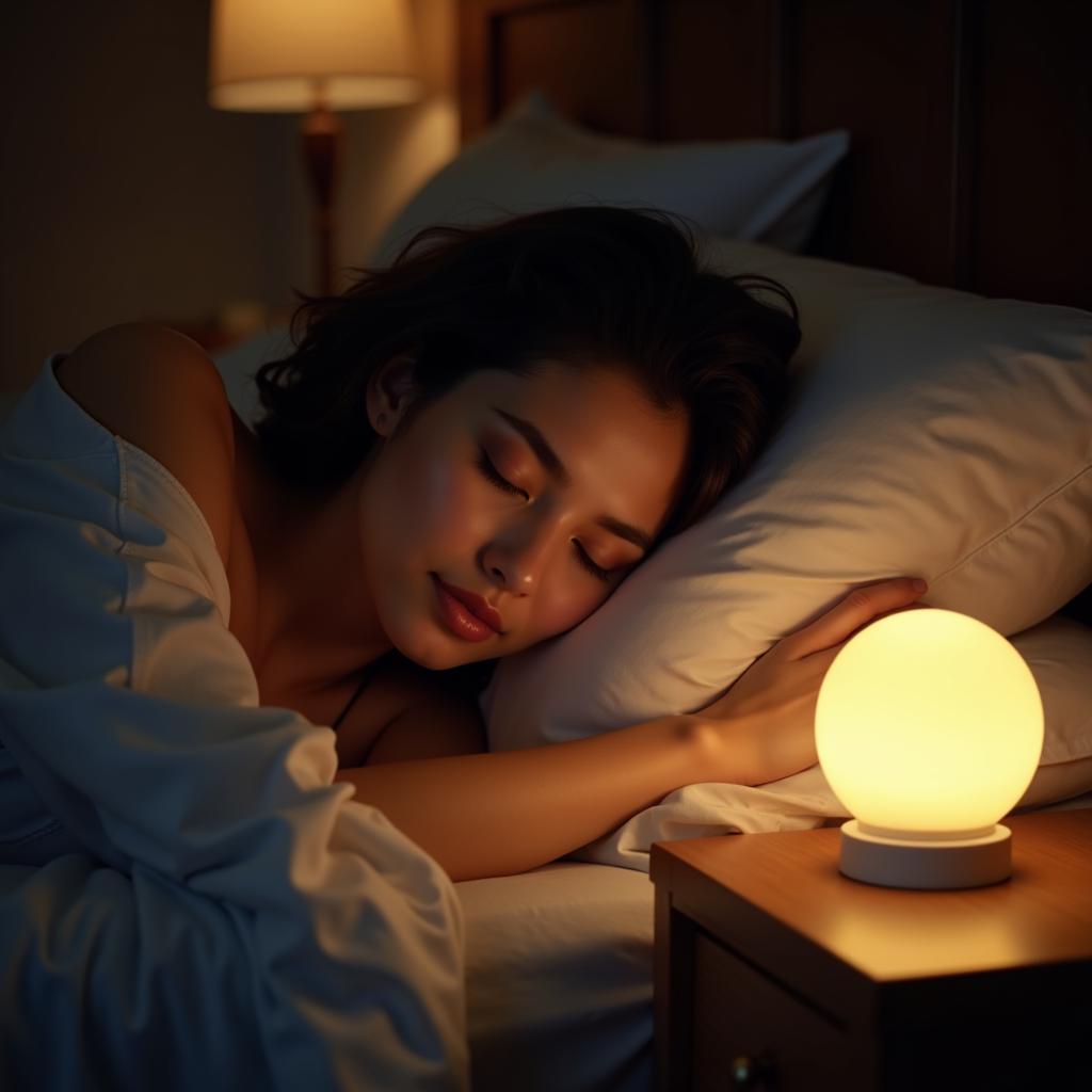 Woman Sleeping Peacefully with a Blue Light-Free Night Light