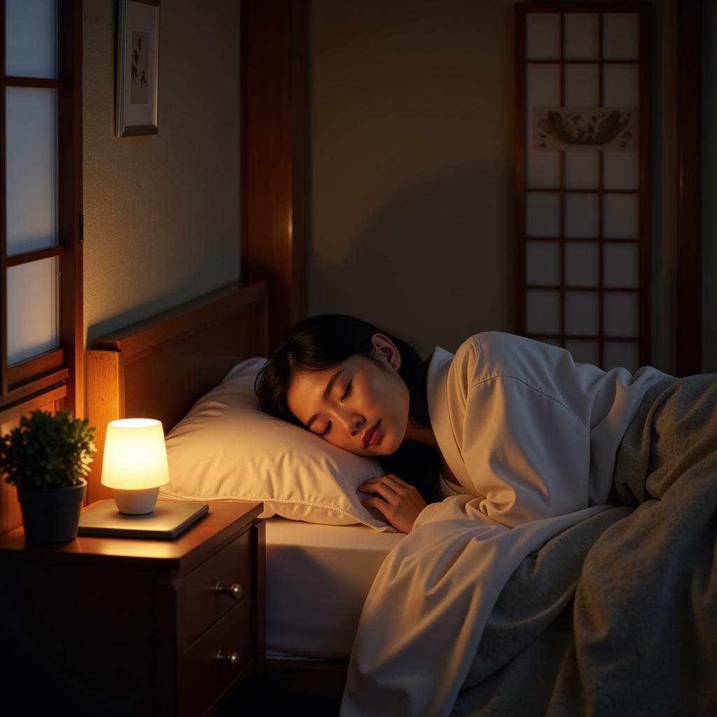 Japanese woman sleeping in a room with a night light