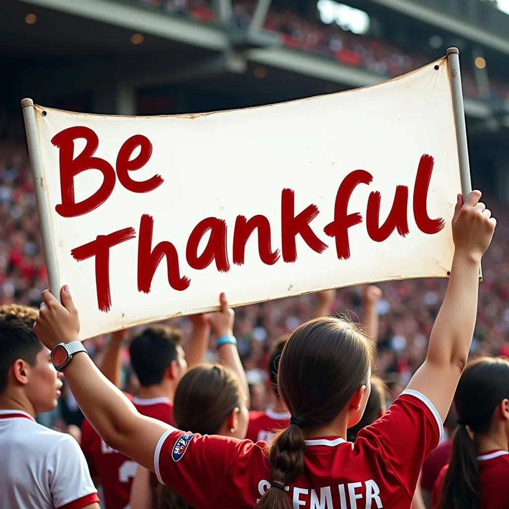 Cổ động viên giơ cao biểu ngữ &quot;Be Thankful&quot;