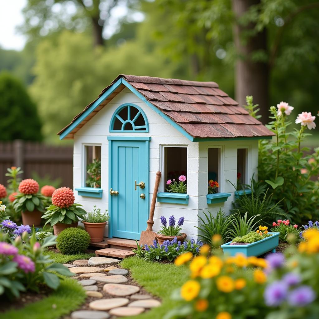 Ngôi nhà búp bê với sân vườn và doll house shed