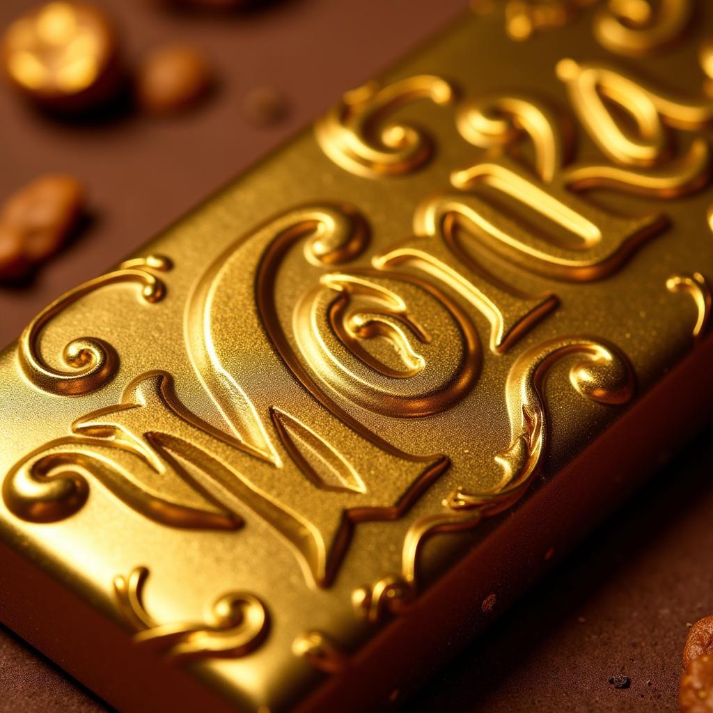 Nhãn Wonka Bar màu vàng chóe sáng bóng, nổi bật với dòng chữ "Wonka" uốn lượn đầy mê hoặc