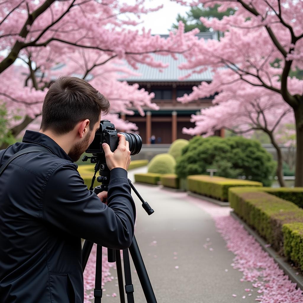 Photographer capturing cherry blossoms in a Japanese garden