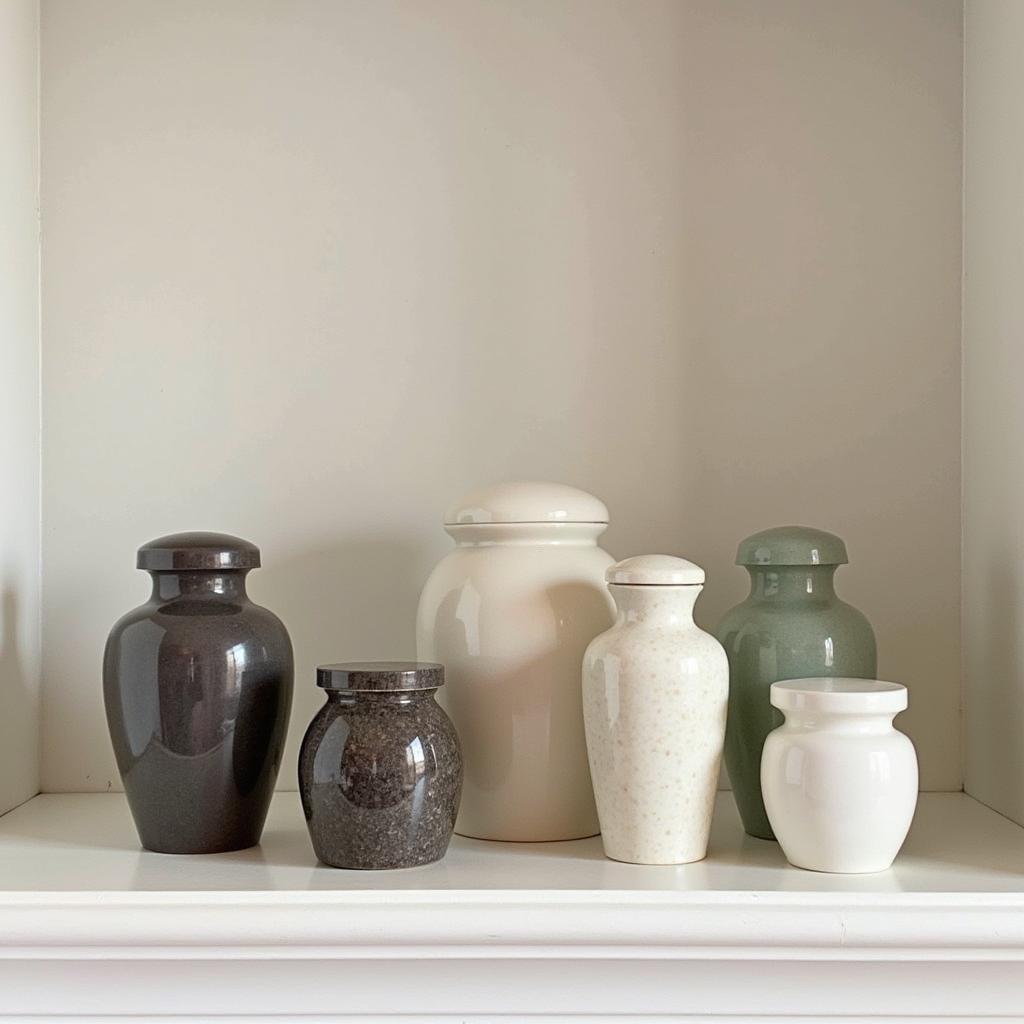 Colorful pet urns arranged on a shelf