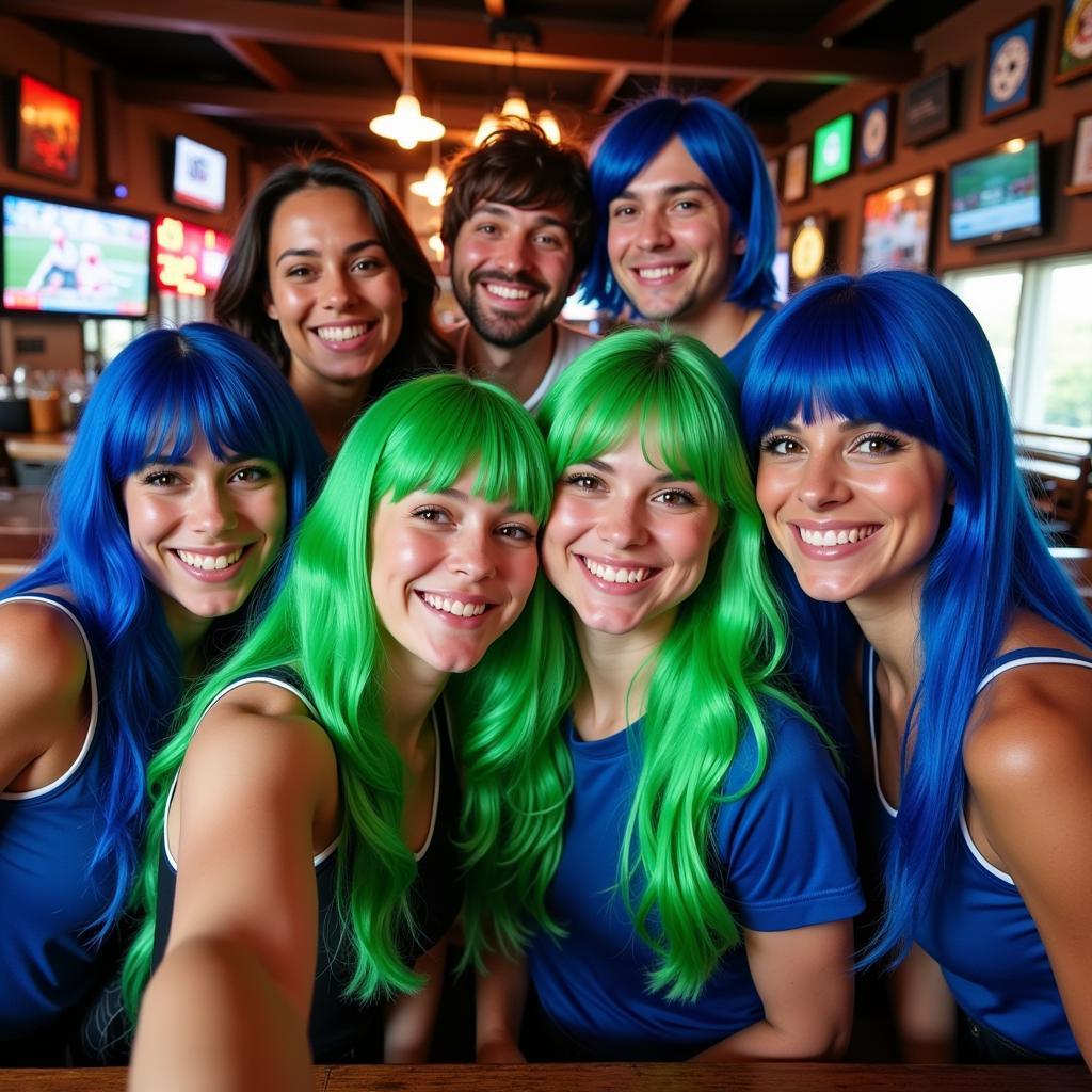 Group of friends with blue and green wigs taking a selfie at a bar