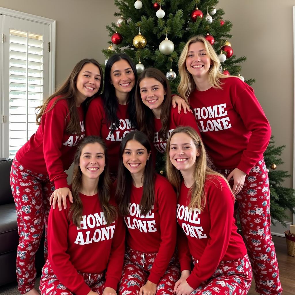 Group of friends in matching Christmas pajamas posing for a photo by the Christmas tree