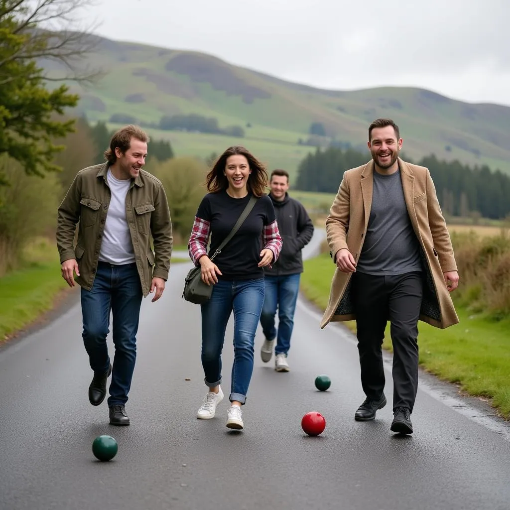 A group of friends enjoy a lively game of road bowling on an idyllic Irish country road.