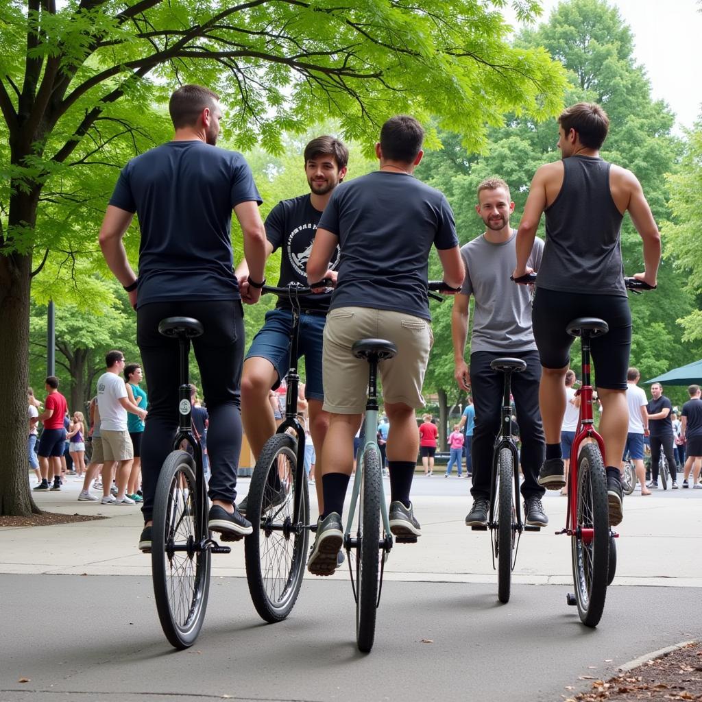 Group of 7 ft unicycle riders