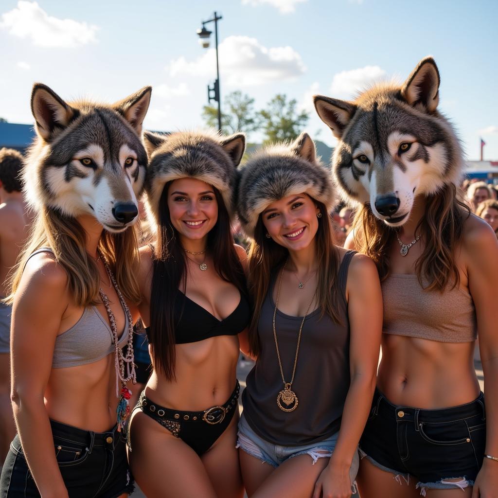 Group of people wearing wolf head hats at a music festival