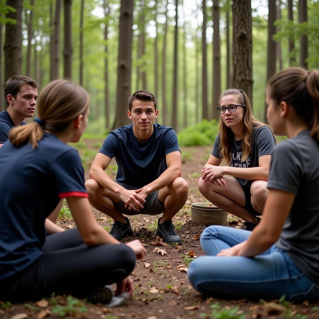 A group of teenage boys participating in a group discussion session at a boot camp