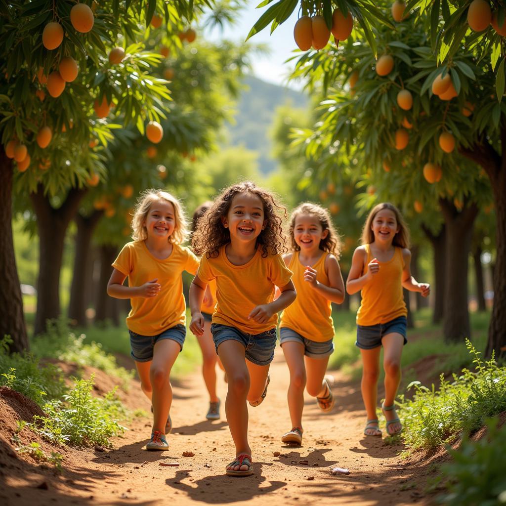 Children playing in a mango orchard