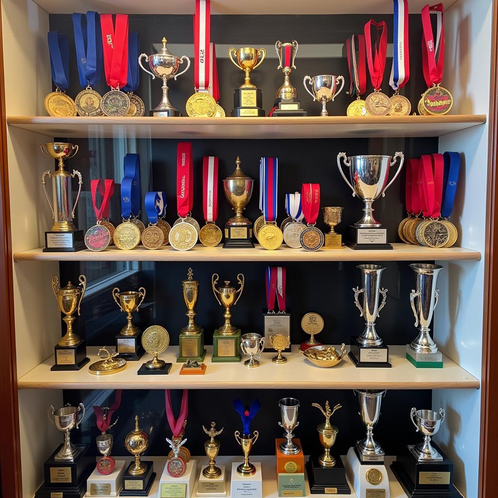 Gymnastics medals displayed in a museum