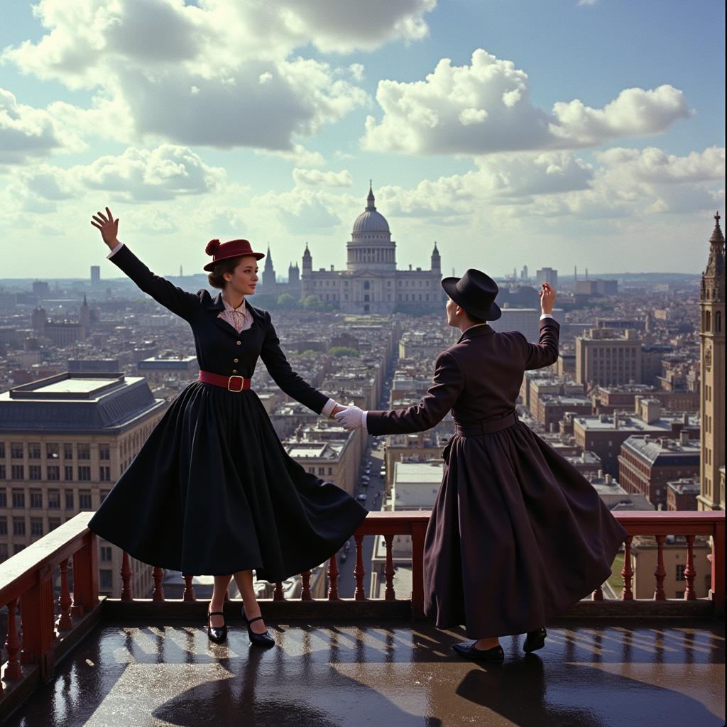 Chimney sweeps dancing on rooftops in Mary Poppins