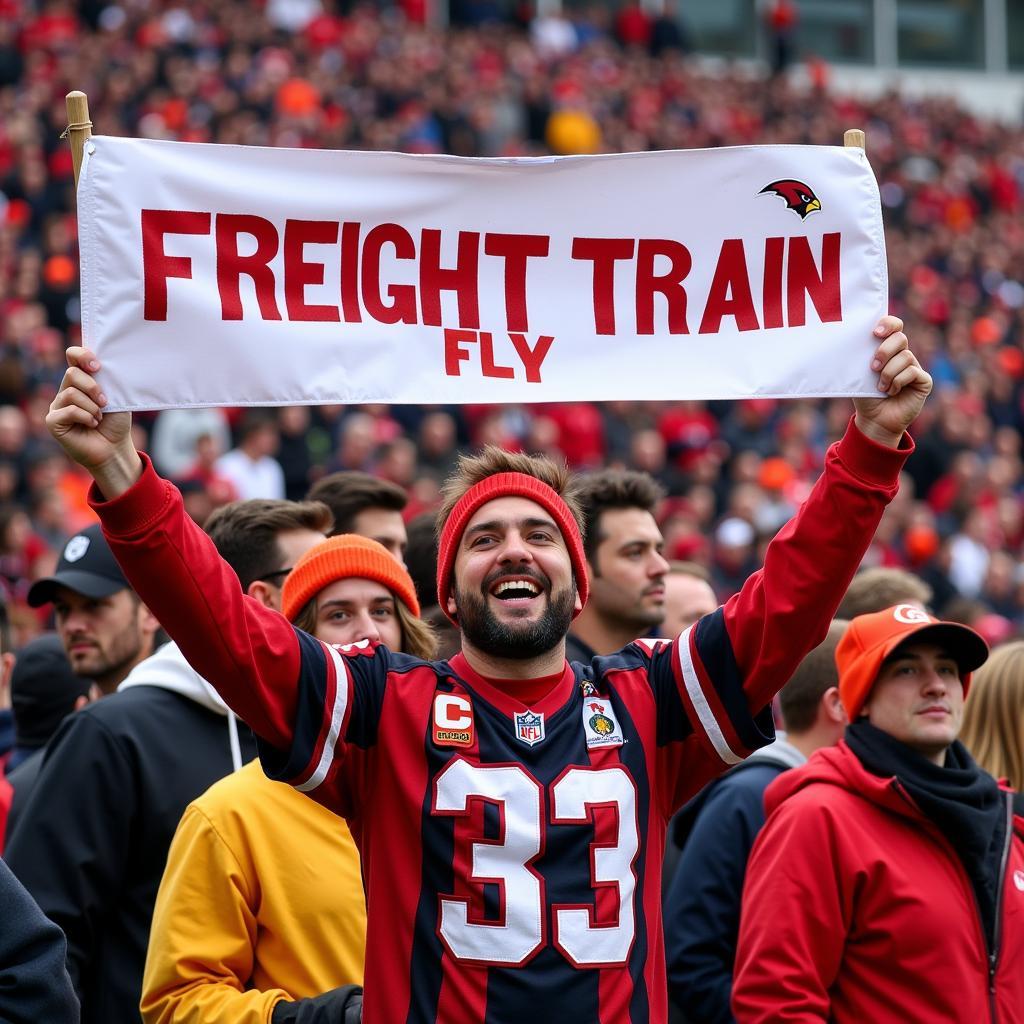 Người hâm mộ cuồng nhiệt với biểu ngữ "Freight Train Fly"