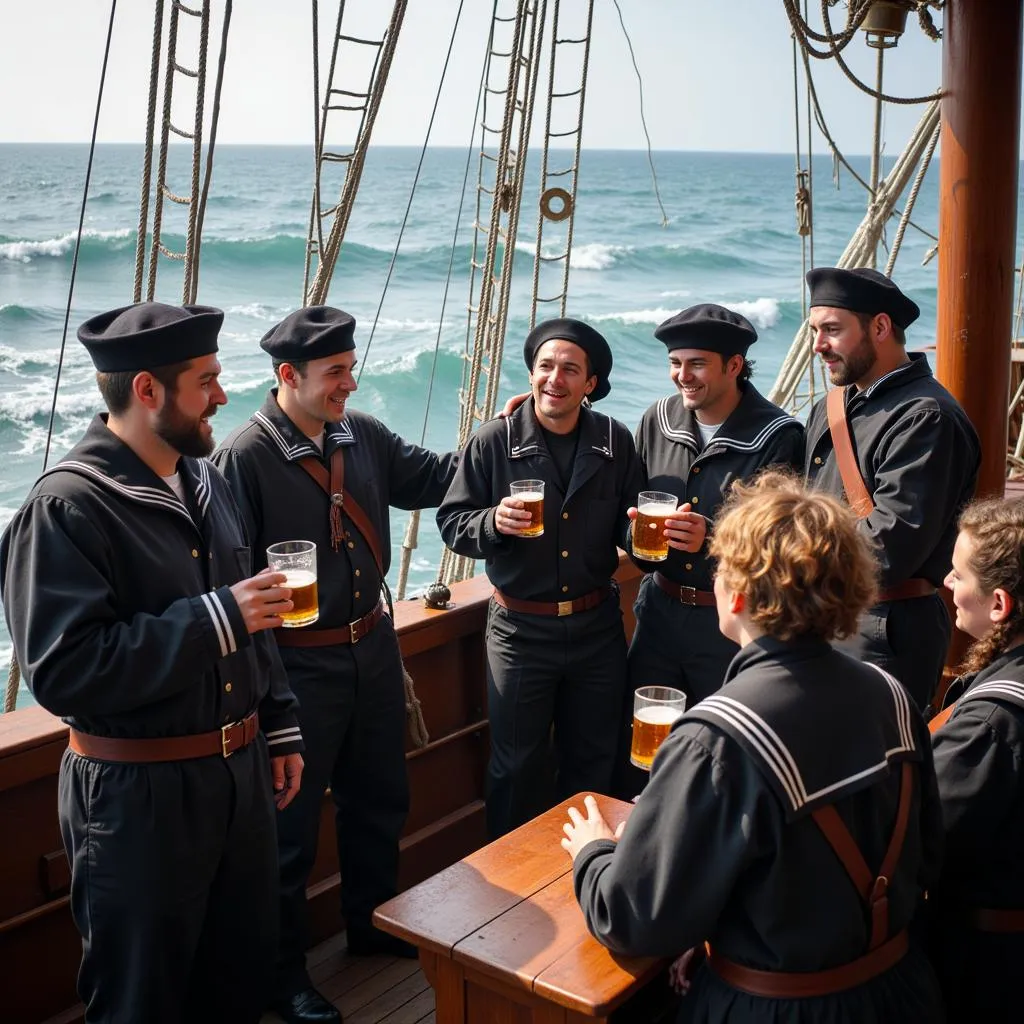 A group of sailors singing the classic sea shanty &quot;Blow the Man Down&quot;