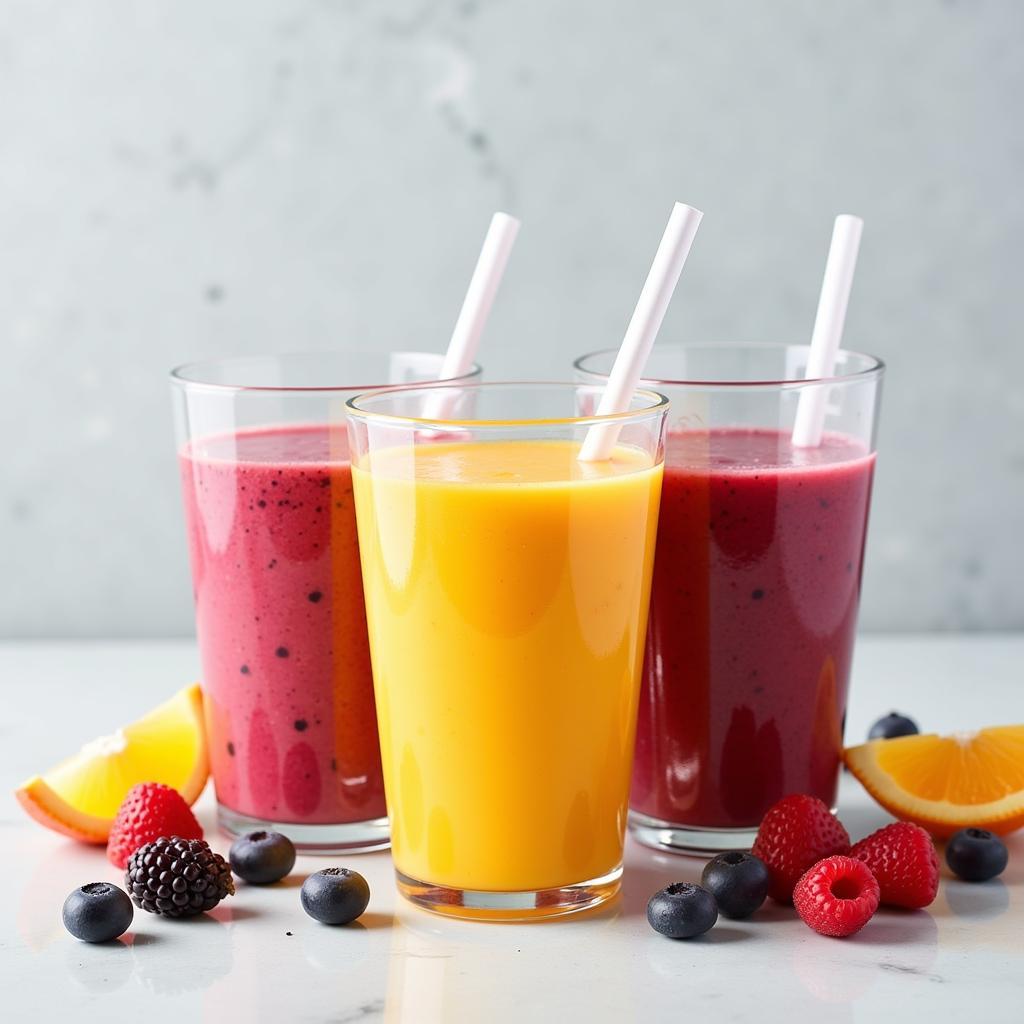 White paper drinking straws in a variety of colorful smoothies