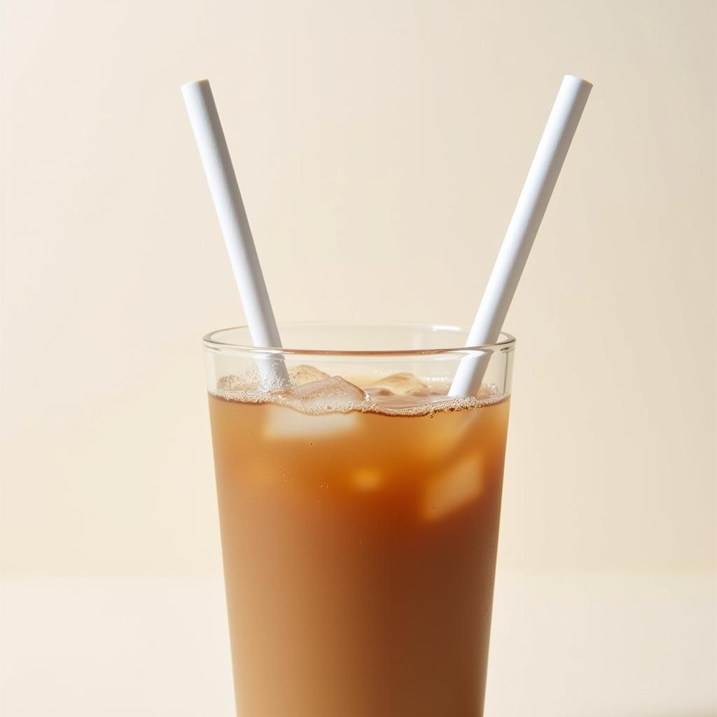 White paper drinking straws in a glass of iced coffee