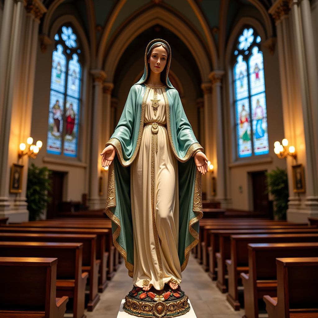 An ornate Virgin Mary statue takes center stage in a majestic cathedral