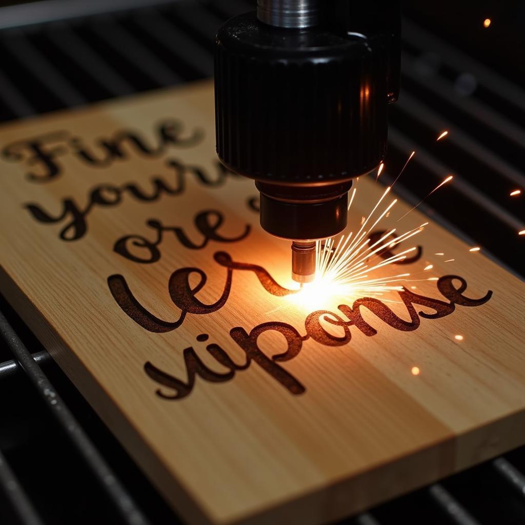 Close-up of a laser engraver personalizing a first date plaque