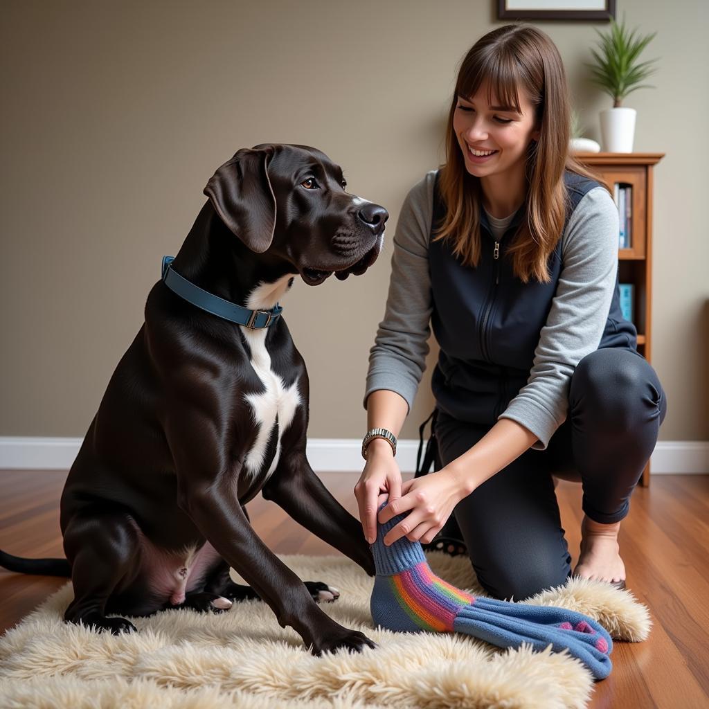 Owner Putting Socks on a Great Dane