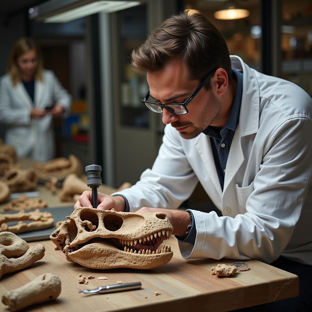 Paleontologist Carefully Examining a Tyrannosaurus Rex Bone