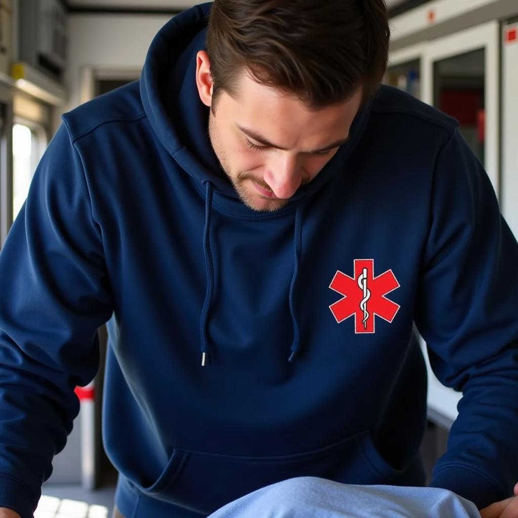 Paramedic wearing a hooded sweatshirt with Star of Life emblem while on duty