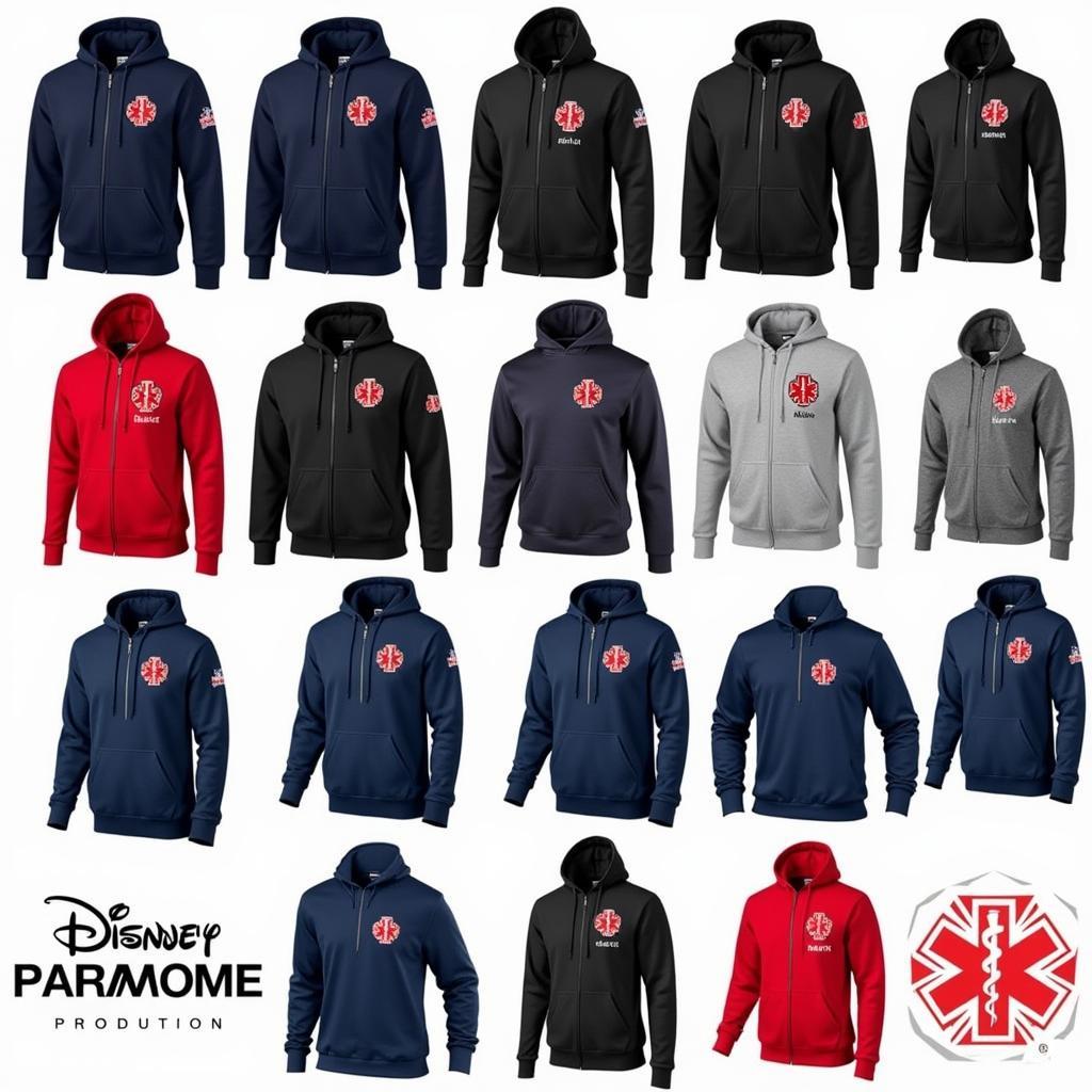 Variety of paramedic hooded sweatshirts showcasing different colors, designs, and features