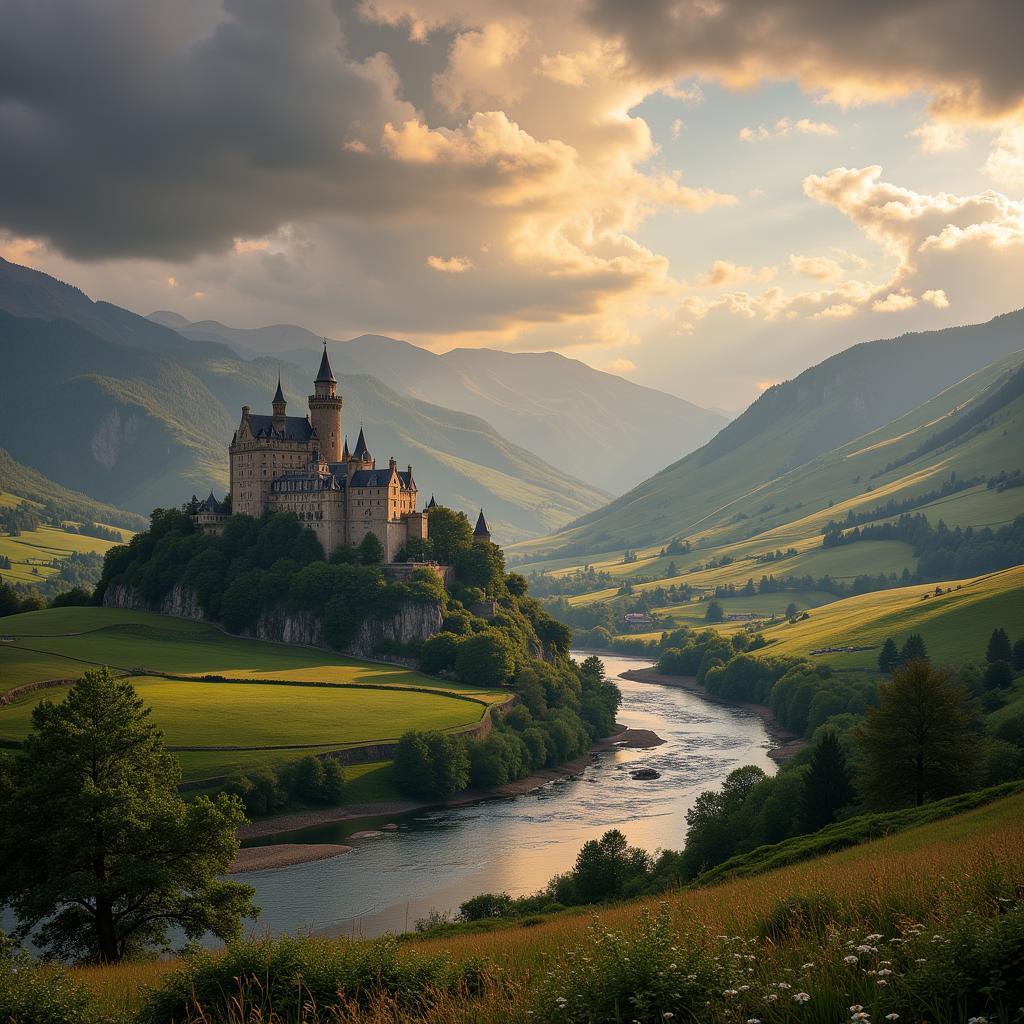 Scenic castle backdrop with dramatic lighting